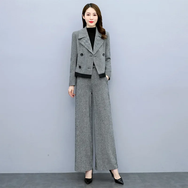 

Insozkdg Spring Autumn Retro Casual Wool Short Suit Jacket Wide Leg Pants Set Commuting Double Breasted Suit Pants Two-piece Set