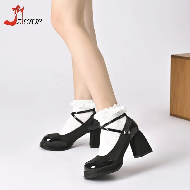 

Women Black High Heels Mary Jane Shoes Vintage Platform Pumps Buckle Strap Thick Heel Party Shoes