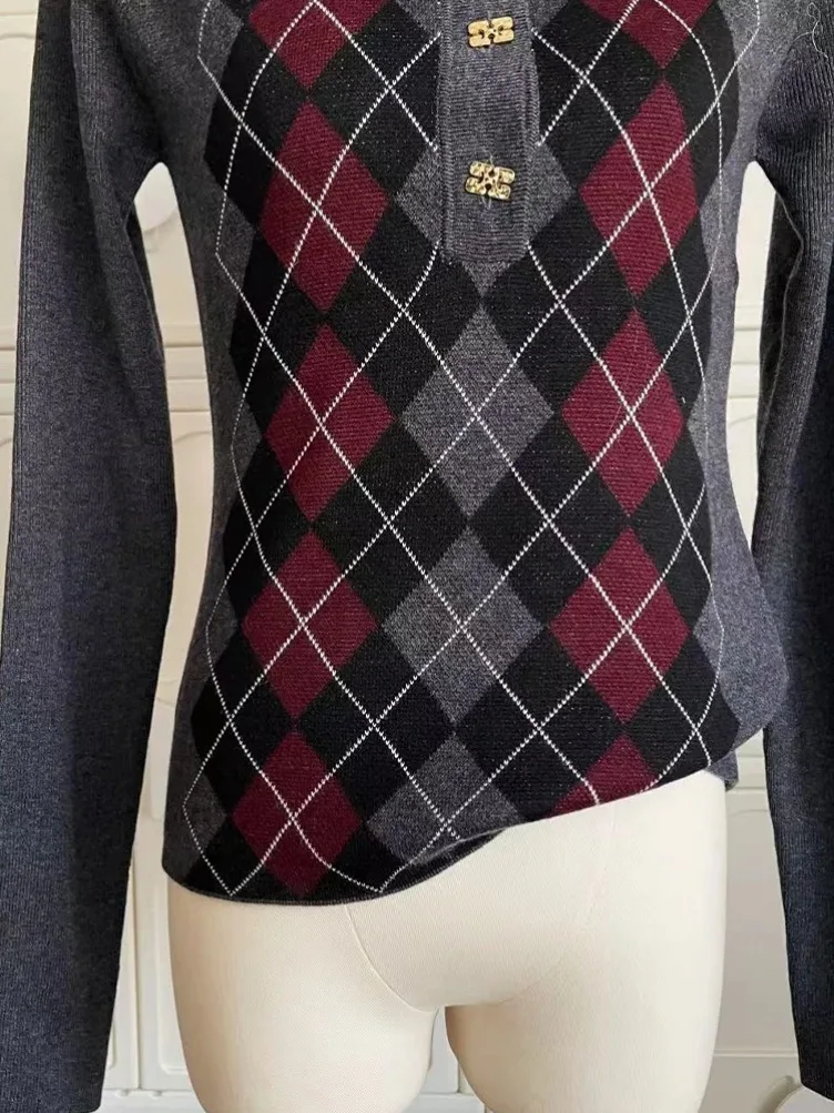 الشتاء النساء بولو طوق الماس تحقق سترة طويلة الأكمام 2000S الجمالية محبوب تريكو المال القديم خمر أنيقة أنيقة #6