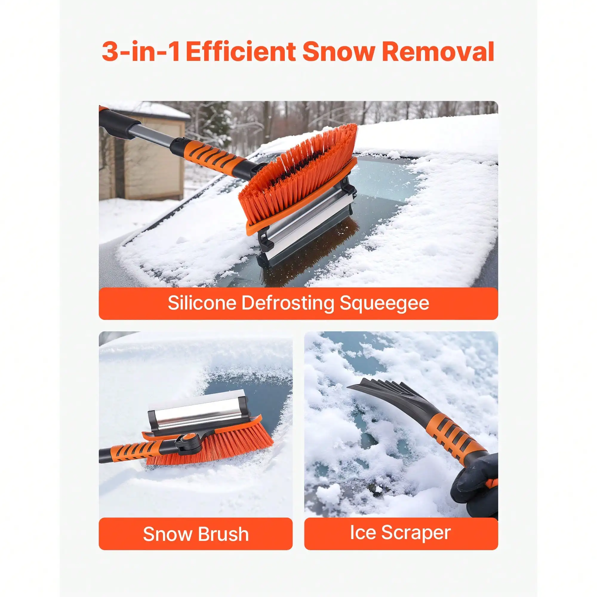 Car Snow Brush, 3-In-1 Snow Remover For Car Windshield - With 180° Pivoting Brush Head, Squeegee & Ice Scraper, 34.3