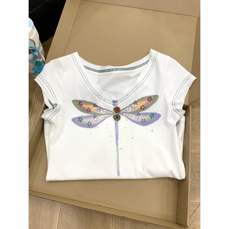 Retro V-neck Button-down Right Shoulder T-shirt for Women with Printed Sweet Cool Hot Girl Short-sleeved Slim Fit Top