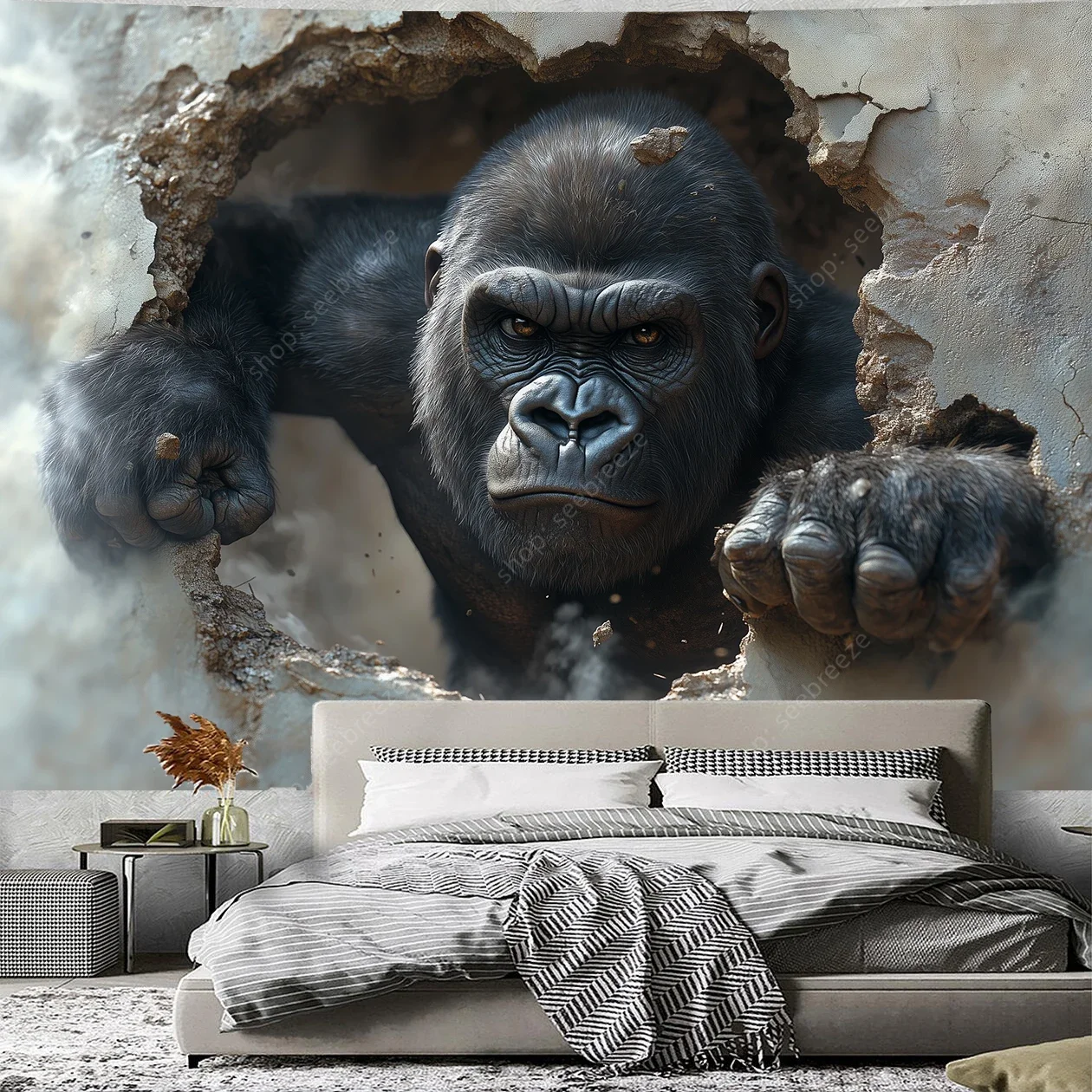Angry Gorilla Climbing Out of A Hole Tapestry Wall Hanging for Hippie Aesthetic Room Decor Psychedelic Home Wall Decor Yoga Mat