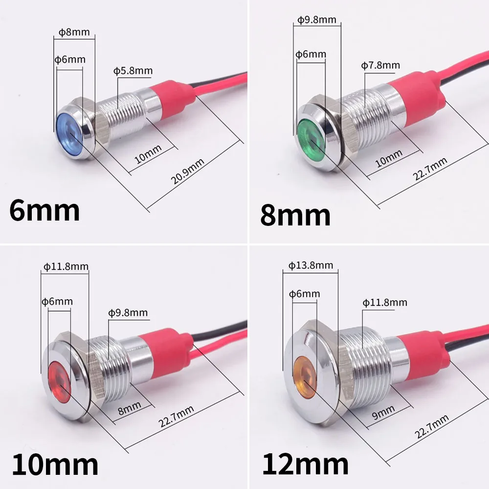 20 pz 6/8/10/12mm metallo LED indicatore luminoso spia spia spia pilota con filo rosso blu bianco verde arancione 5V 12V 110V 220V