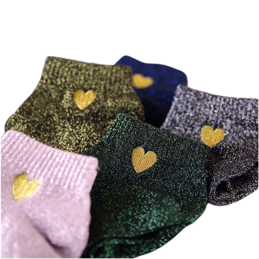 Embroidered Love Heart Glitter Socks for Women, Shiny Socks, Gold, Silver, Colorful, Shining, Fashion, Funny