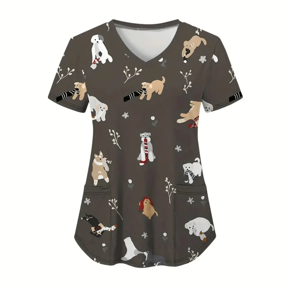 Cartoon Animal Nursing Scrubs Tops Women Nurse Uniform Women Fashion V-neck Pocket Overalls Medical Uniforms Uniforme Enfermera