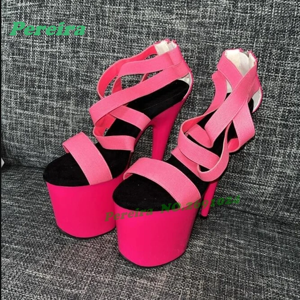 

Neon Pink Elastic Strap Platform Heels Black Insole Extreme High Stiletto Pole Dance Sandals Back Zipper Nightclub Sexy Shoes