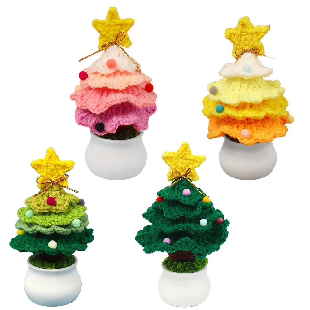 Creative Handmade Crochet Wool Christmas Tree Potted Fashion Knitted Simulated Plant Desktop Ornament Home Decor Christmas Gifts