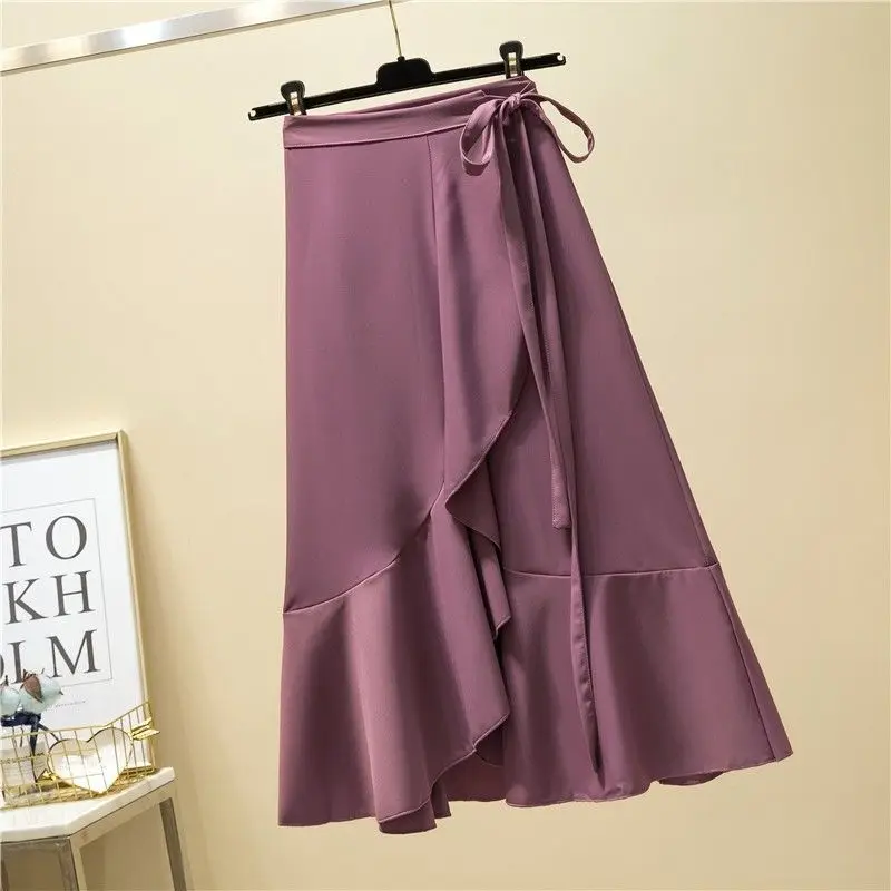 Elegant Fashion Ruffles Bandage Mermaid Skirt 2023 Summer New Office Lady Commute All-match High Waist Asymmetrical Midi Skirts