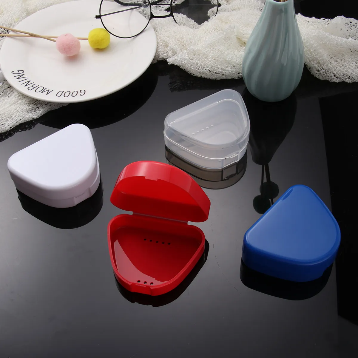

4Pcs Denture Case Premium Plastic Dental Storage Box for Retainers Mouthguards Ventilated Design Inhibits Bacterial Growth Odor