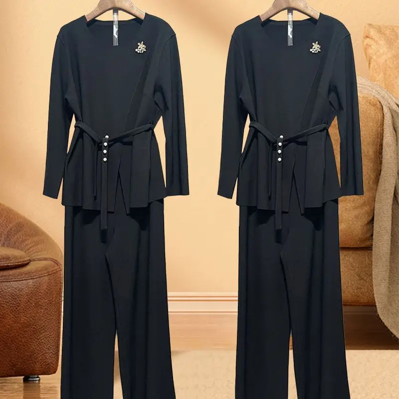 

Новый элитный элегантный осенний комплект из двух предметов, женская повседневная футболка с круглым вырезом и длинным рукавом + широкие брюки с высокой талией, модный наряд