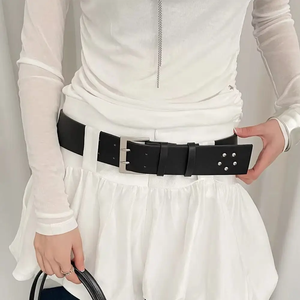 Cinturón coreano de moda para mujer, cinturón de cintura ancha Y2k blanco y negro, vestido de nicho de cuero Pu, cinturón vaquero para mujer