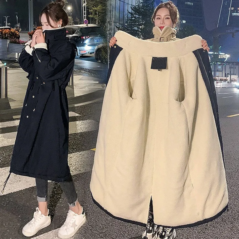 

Autumn Winter Women Thickened Warm Parkas Female Stand Collar Zipper Down Cotton Jackets Knee Length Coats Lamb Wool Outerwear