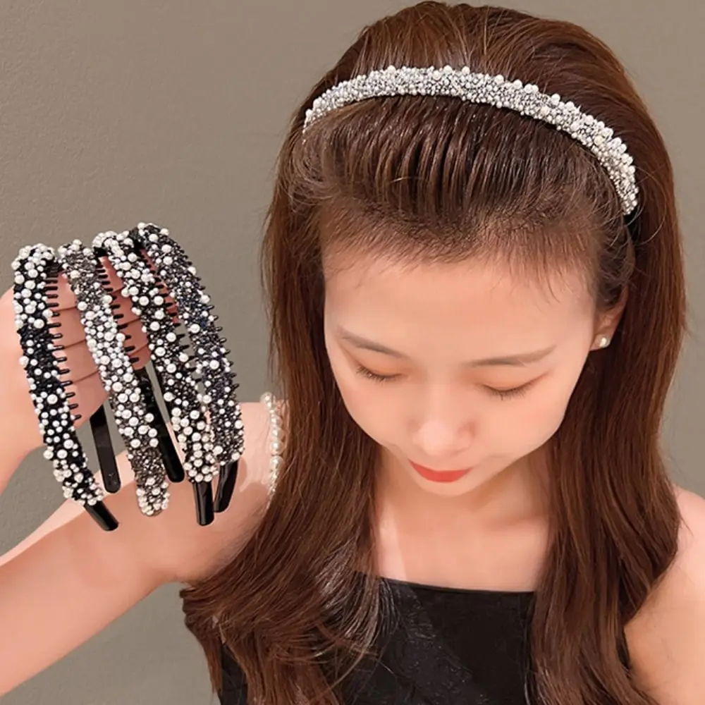 

Sweet Rhinestones Antislip Hairband Pearl Plastic Crystal Teeth Headband Thin Korean Style Headwear Face Wash Hair Hoop