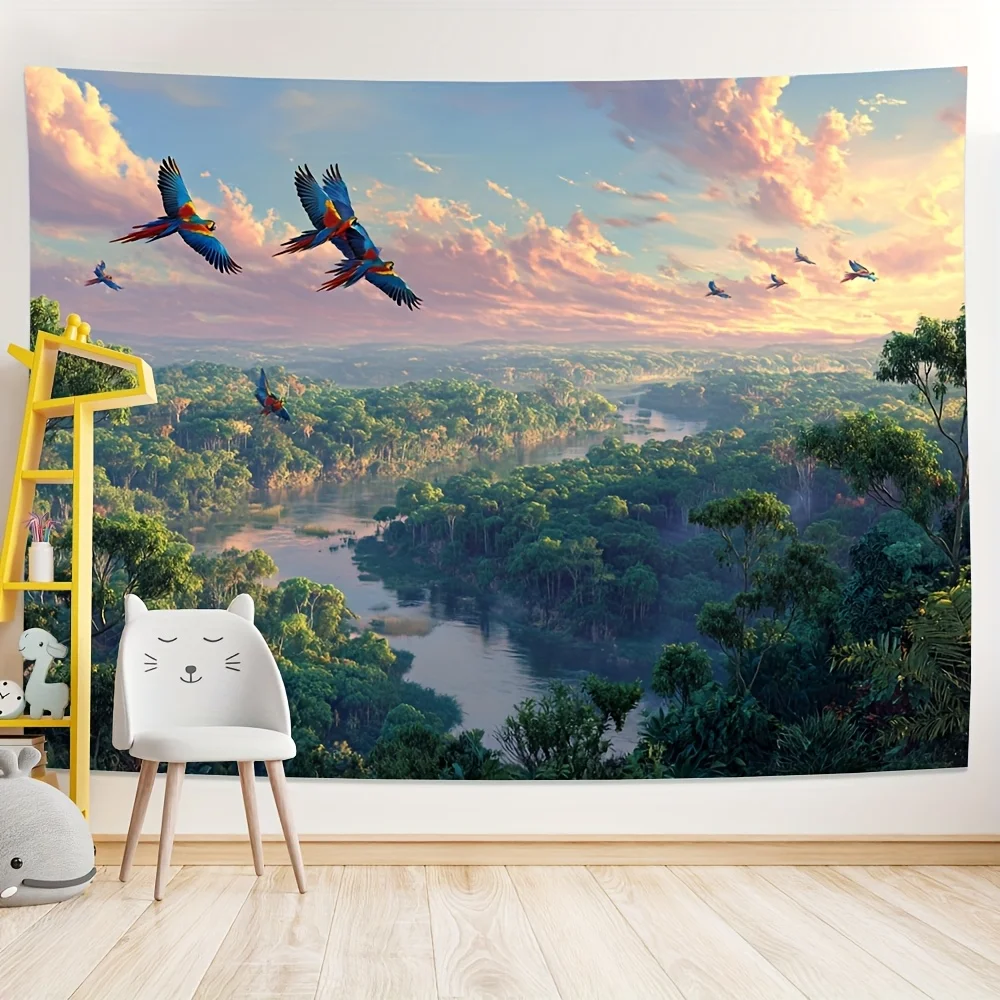 Rainforest Tapestry Macaw Flying Lush Jungle Sunset River Valley Living Room Office Tropical Decor Wall Hanging