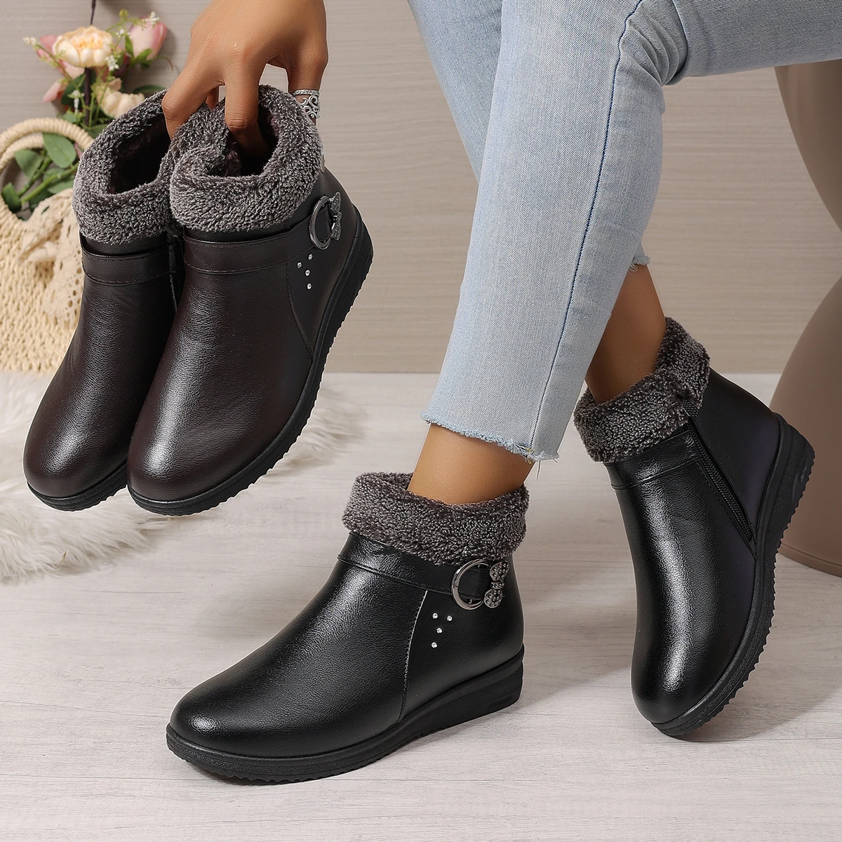 2026 New Winter Women Waterproof Leather Short Boots Plush Lined…