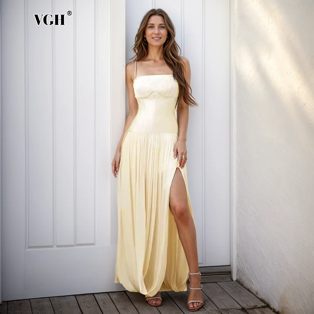 

VGH Elegant Hit Color Folds Dress For Women Square Collar Sleeveless Backless High Waist Temperament Evening Dresses Female New