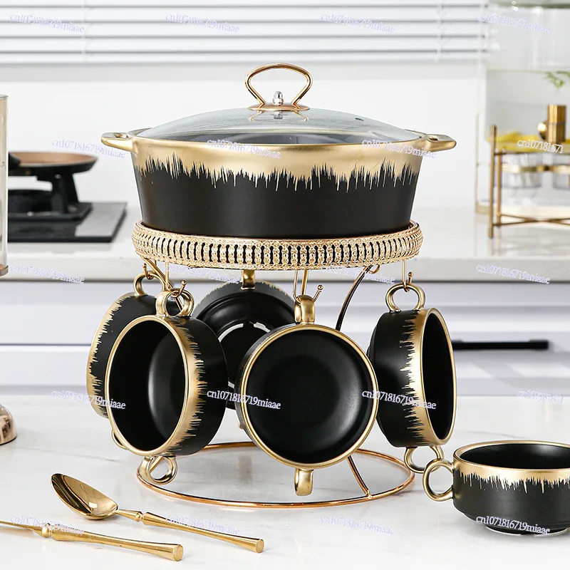 Nordic Gold-plated Ceramic Pot Household Phnom Penh Large Soup Pot 7-piece Set with Lid Soup Pot with Hotel Tableware