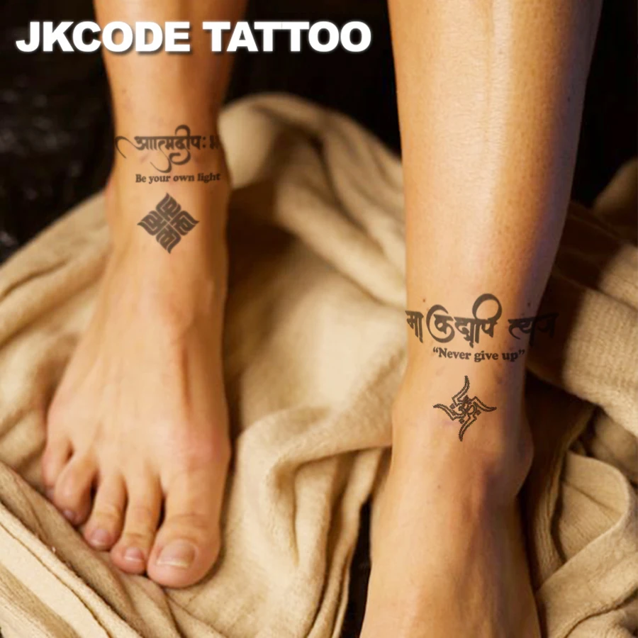 Sanskrit Power symbol tattoo - Herbal temporary tattoo with Sanskrit text and mysterious totems - Strength and courage - Middle Eastern healing style - English text lines for men, warm designs for women, suitable for fingers, hands, and neck - long-lasting waterproof tattoo sticker for 15 days