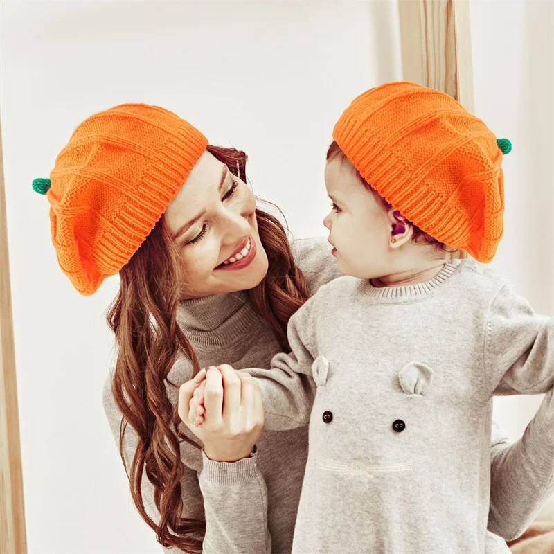 

Halloween Children's Winter Woolen Hats Boys Girls Pumpkin Pattern Knitted Beret Hat For Kids 1-3 Years Wholesale