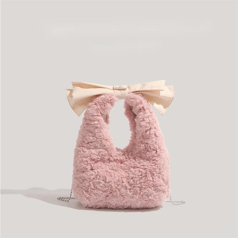 

French Style Women's Handbag Plush Bow Bag Clutch Bag Fashionable Temperament Soft Comfortable Chain Crossbody Bag 2025 New