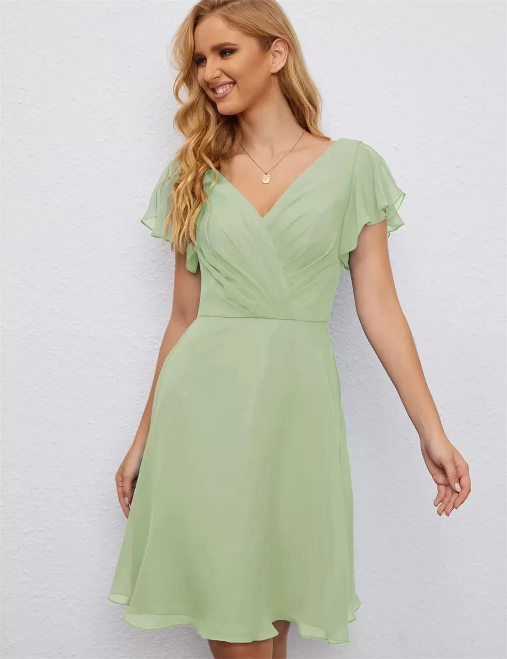 V-Neck Pleat Chiffon Women's Homecoming Cocktail Party Dresses Lady Junior Bridesmaid Gowns Prom Dance Redcarpet Catwalk Lady