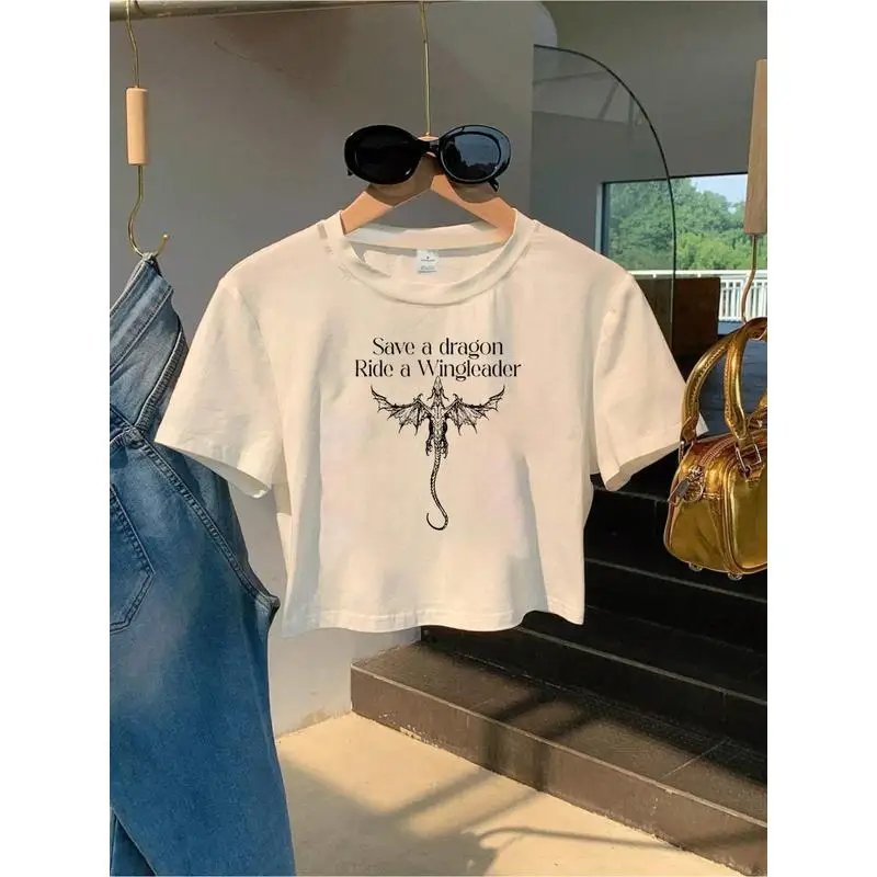 Women's Short Sweatshirt with Anime Dragon and Pterosaur Collar Pattern，Slim-fit short-sleeve round-neck top