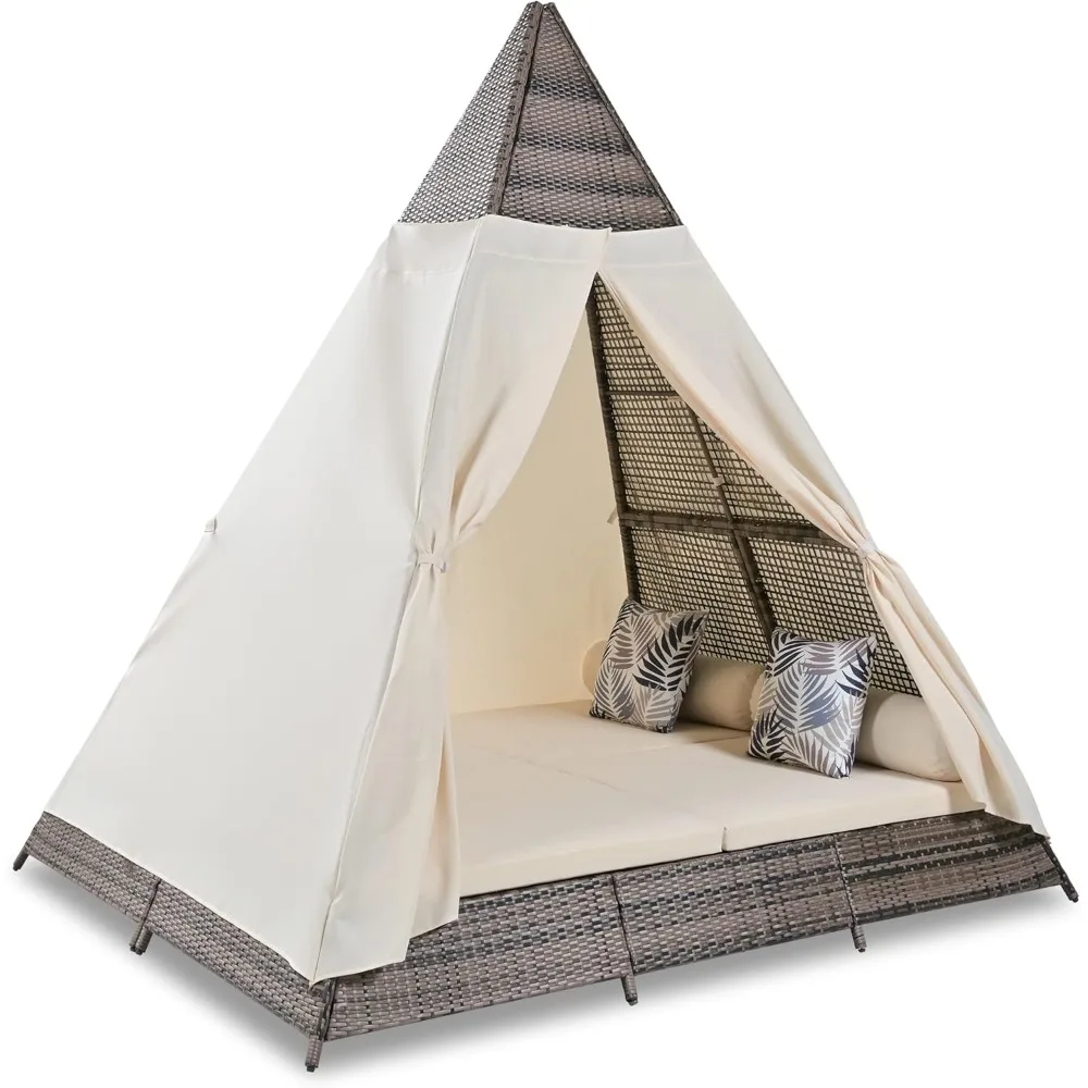 

90.5" Length Outdoor Sunbed - Patio Daybed with Cushions and Colorful Pillows, Tent Shape Patio Sunbed, Wicker Patio Daybed for