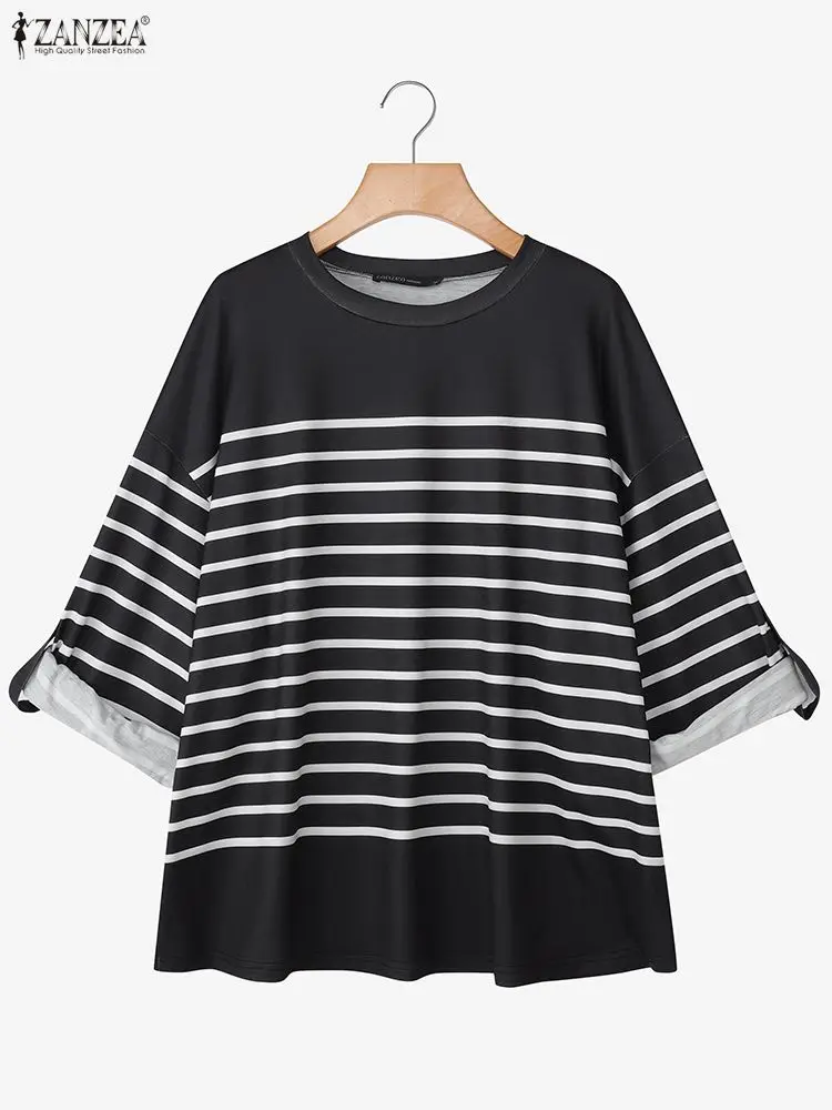 Mode femmes sweats ZANZEA automne surdimensionné sweat décontracté col rond à manches longues rayure pull femme ample tricoté hauts
