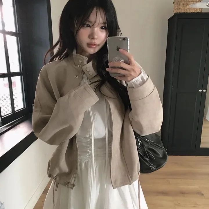Versatile Suede Stand Collar Jacket Korean Style Long Sleeve Women's Outerwear Fashionable All-Match Short Coat for Autumn