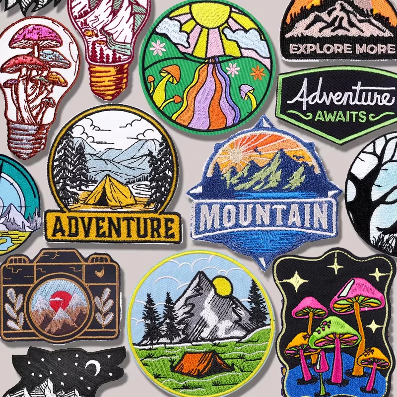 5PCS/Set  Mountain Adventure Embroidered Patch Backpack Hats Sew Badges Camera Mushroom Wave Iron On Patches For Clothing DIY