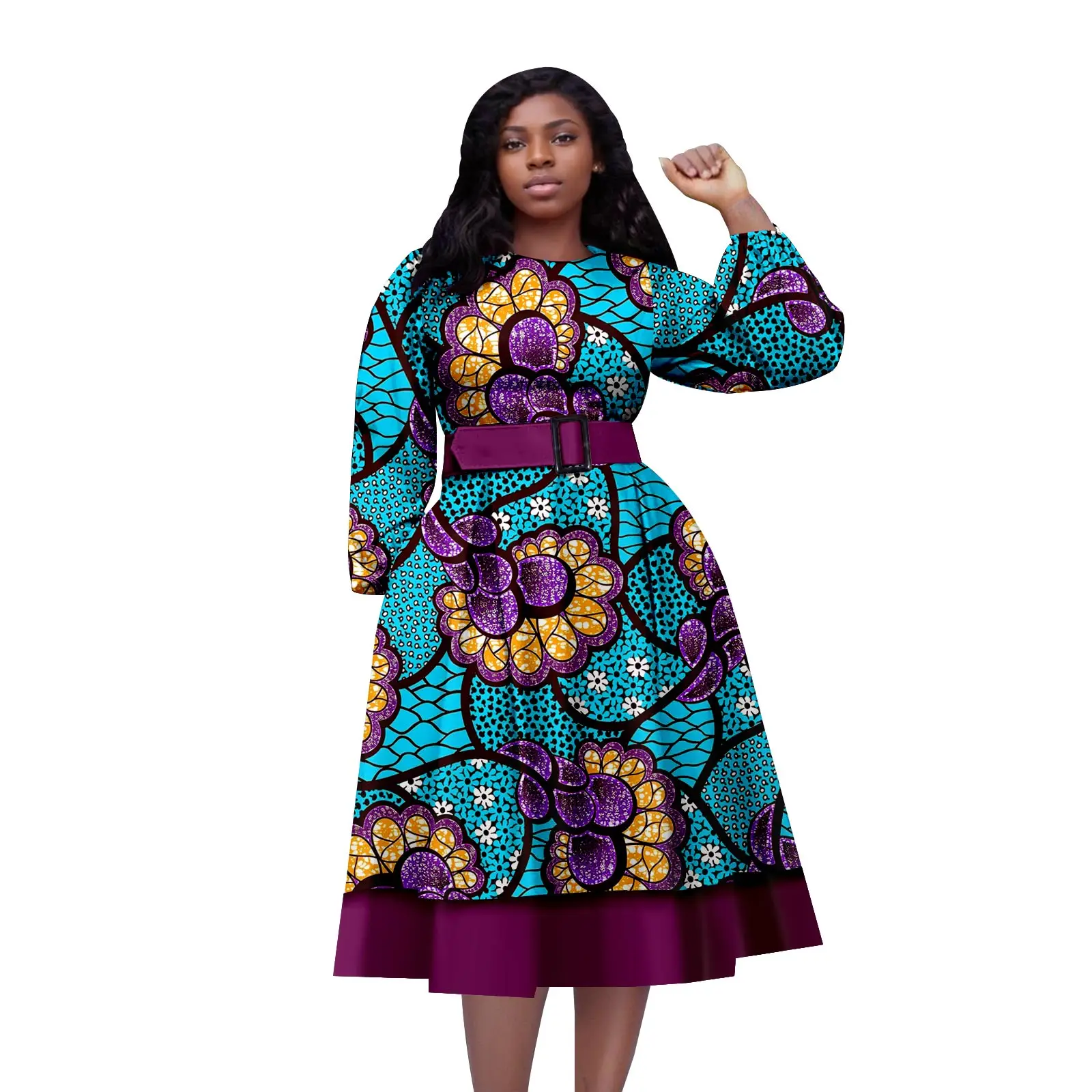 

African Ankara Printed Fabric Women's Dress Round Neck Double Hem Patchwork Clashing Section Belt Accessory Skirt 2525076