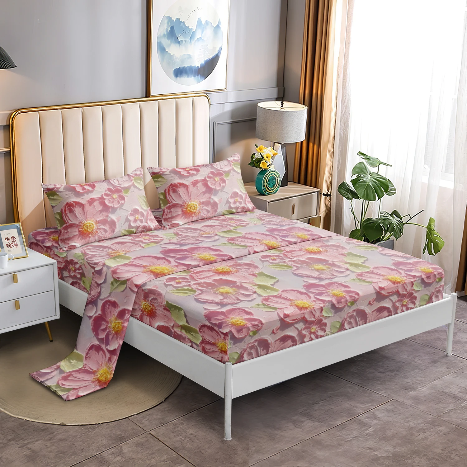 4pcs Pink Floral Bedding Set, Vintage Textured Flower Print Flat Sheet Fitted Sheet, Microfiber Dreamy Aesthetic Bedroom Decor