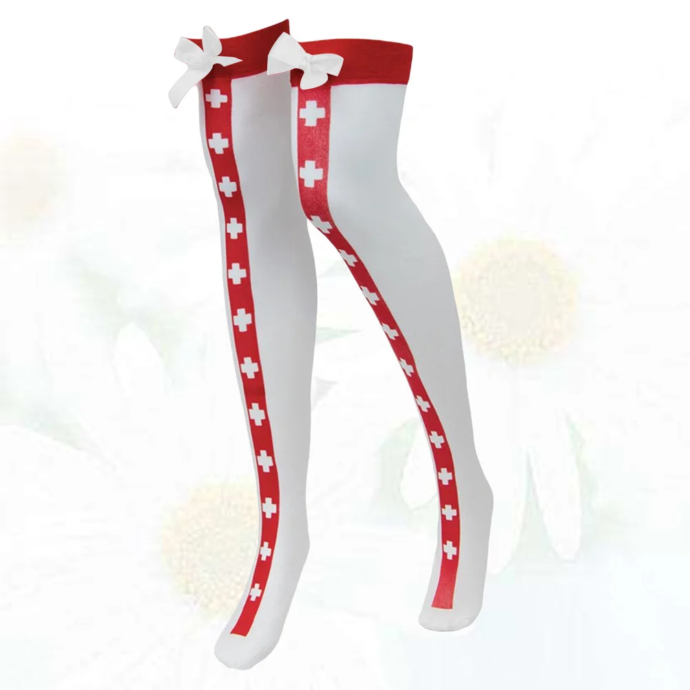 1 زوج الفخذ العليا ممرضة جوارب الأبيض ربطة القوس فيونكة تصميم لينة مرنة المضادة للانزلاق زي حفلة جوارب قطنية دافئة للنساء #4