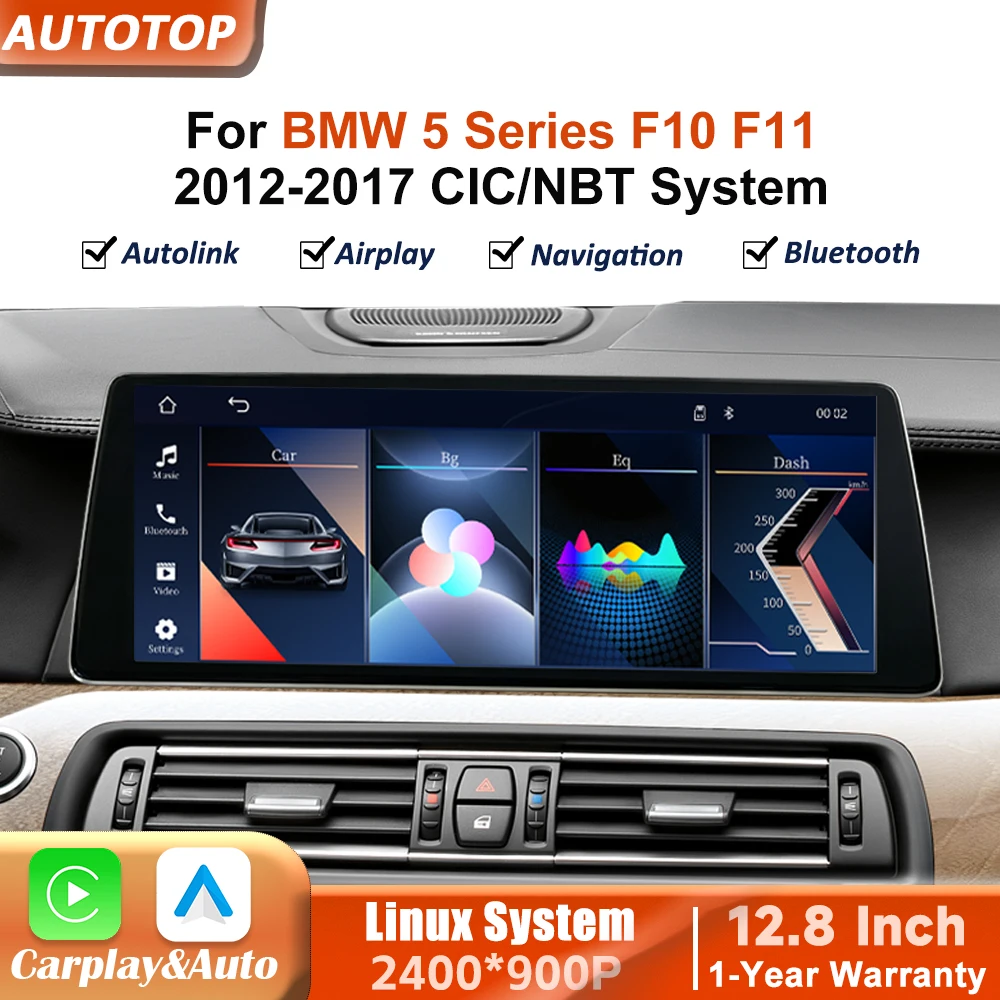 Autoradio sans fil CarPlay Android Auto 12,8 pouces 2400*900P pour BMW série 5 F10 F11 système CIC NBT 2012-2017 lecteur vidéo multimédia écran tactile avec Airplay Autolink Mirror Link WiFi Bluetooth GPS Navigation