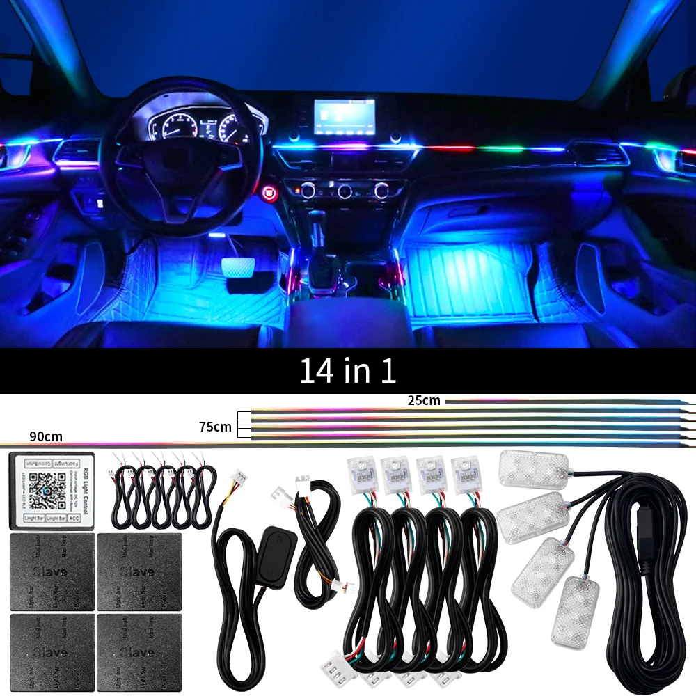 Oprah 18 in 1 Zweizonen-Symphonie LED Auto Umgebungs licht Regenbogen Neon RGB Acryl streifen Innendekoration Streamer Atmosphäre Lampe 12V 7