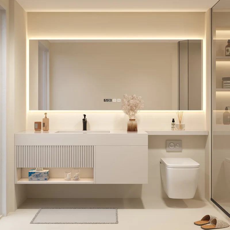 Modern simple slate bathroom cabinet seamless ceramic basin joint integrated basin toilet extended edge oak combination