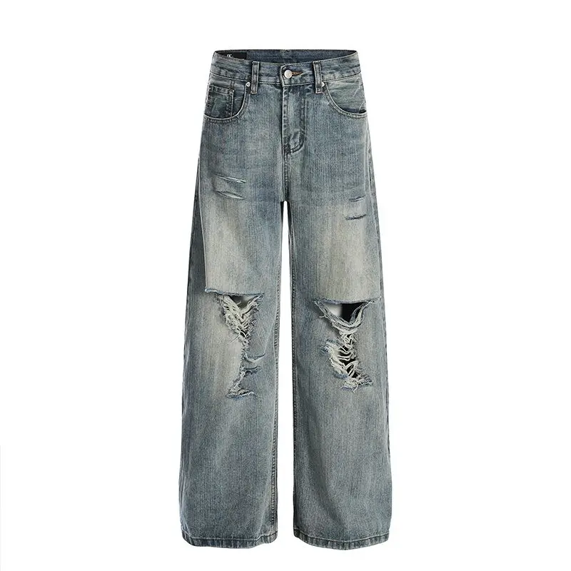 

Retro American Style Distressed Bamboo Fiber Denim Pants Loose Wide Leg Drapey Men Women High Street Straight Leg Trousers