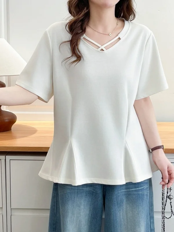 plus Size Women's Cross V-Neck Short Sleeve T-Shirt Slimming Belly Cover Design Casual High Waist Fish Tail Waist in T-Shirt