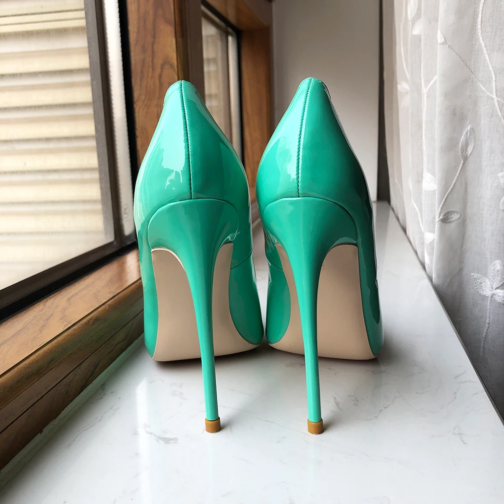 Tikicup Glossy Mint Green Women Pointy Toe 8cm 10cm 12cm High Heel Shoes Slip On Stiletto Pumps Plus Size 33-45 Colors Customize