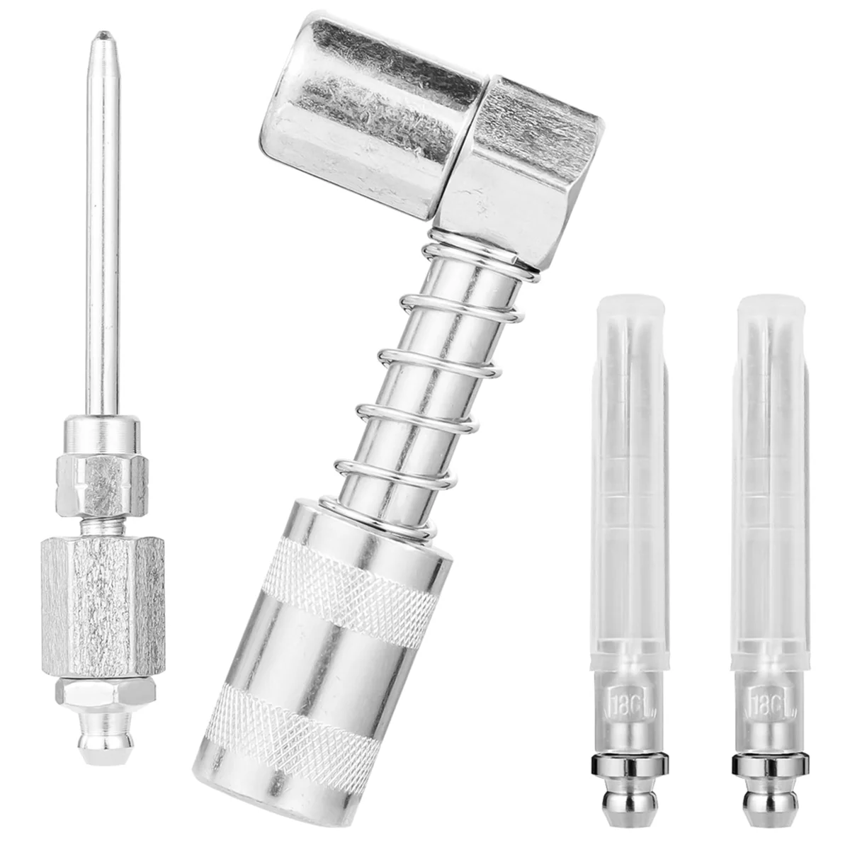 New 4pcs 90 Degree Grease Needle Fitting Set,Including 1 Grease Needle Nozzle,1 Dispenser,2 Grease Injector Needle with Cap