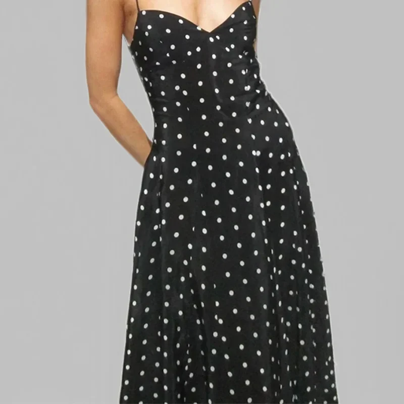 

Dot Print Long Slip Dress Women Summer V-neck Sleeveless Backless A-line Dresses Female Party Vintage Robes Lady Vestidos Платье
