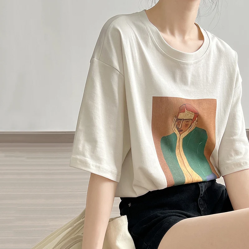 2024 Summer New in Women's Graphic Tee Print Cotton T-Shirt Round Neck Short Sleeve Slit Loose Korean Fashion Top Clothes H2030