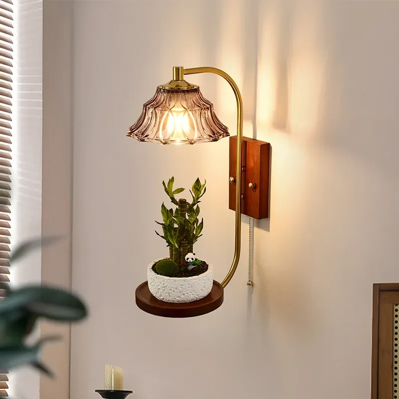 Vintage Walnut Wood Glass Wall Sconce Medieval Style Bedroom Bedside Light Living Room Study Hallway Decorative Indoor