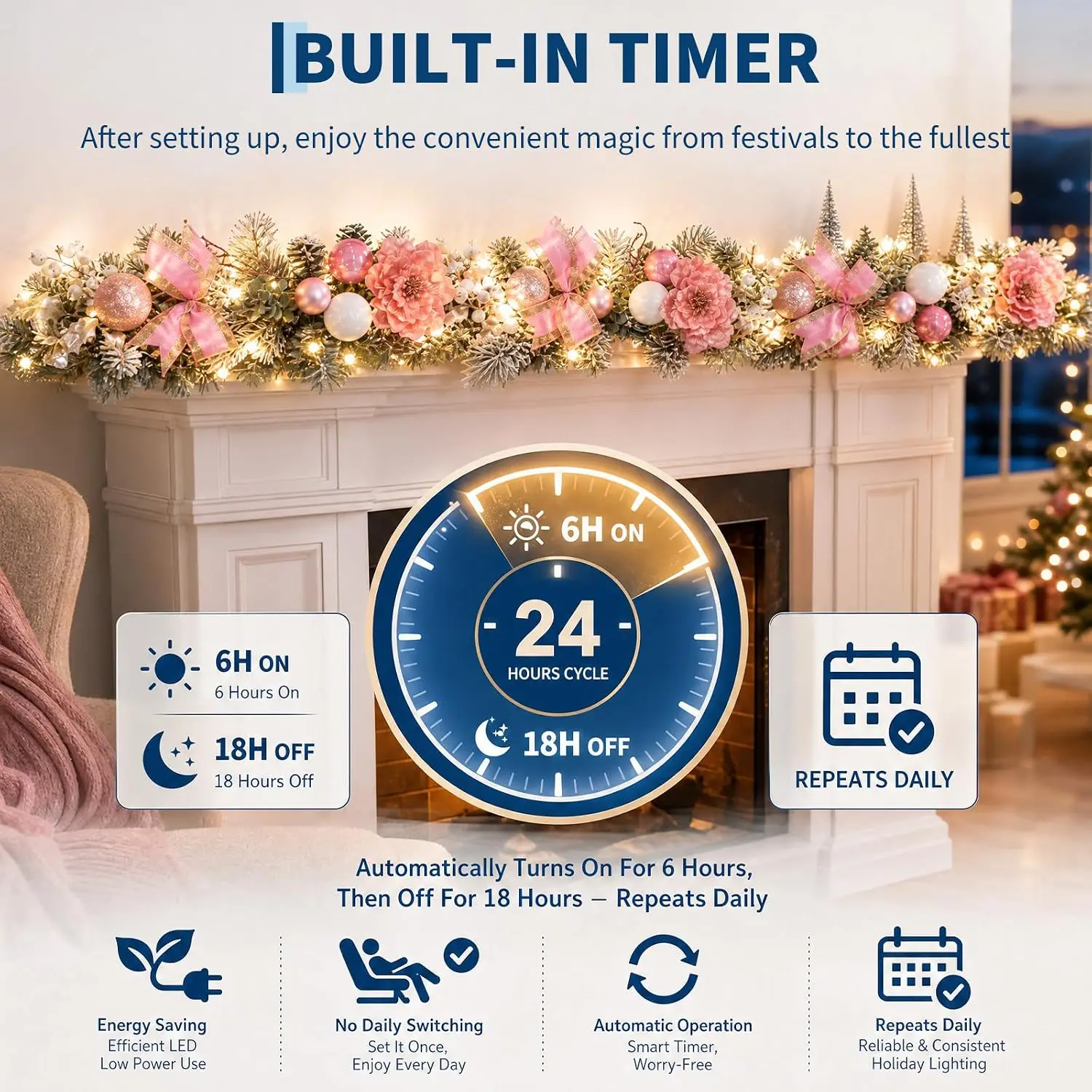 180cm Christmas Garland With Pink Magnolia Artificial Flowers 20 LED Lights 8 Modes And Timer Battery Operated Rattan Vine Decor For Indoor Outdoor Mantel Fireplace And Stair - view 5