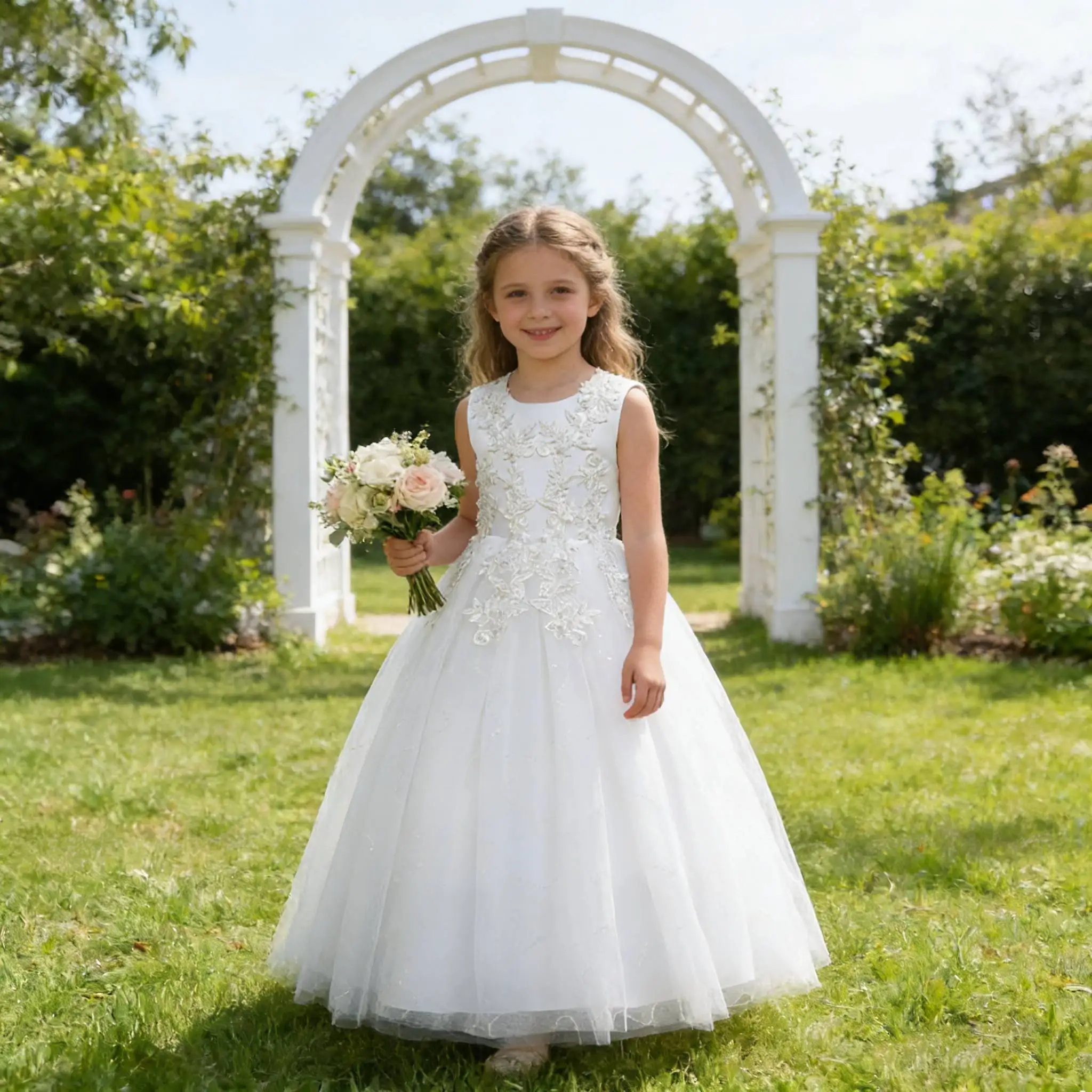 

2026 Elegant Girls Dress Teens O-Neck Lace Tulle Princess white long Dress For Children Wedding Ceremony Pageant Performance Gow