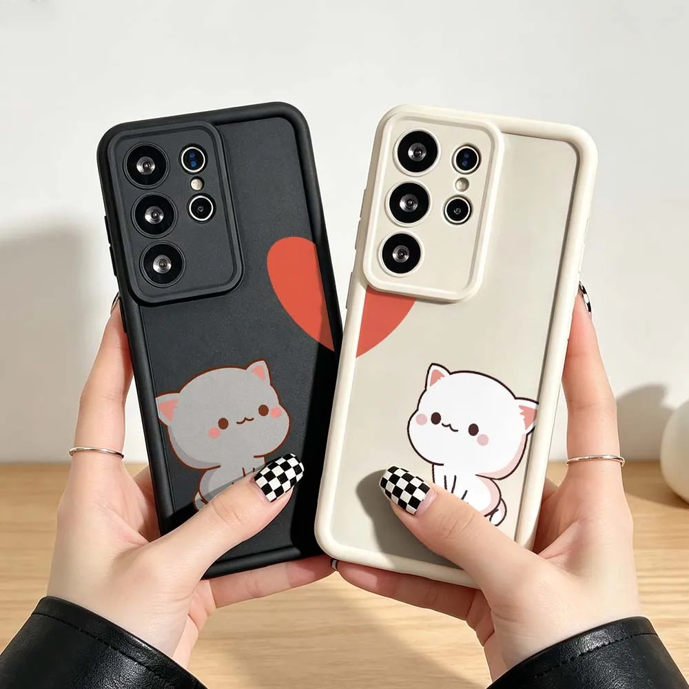 Cartoon Couple Cat Heart Gift For Samsung Galaxy S26 S25 S24 S23 S22 S21 S20 Ultra Plus FE 5G Eye Ladder Phone Case