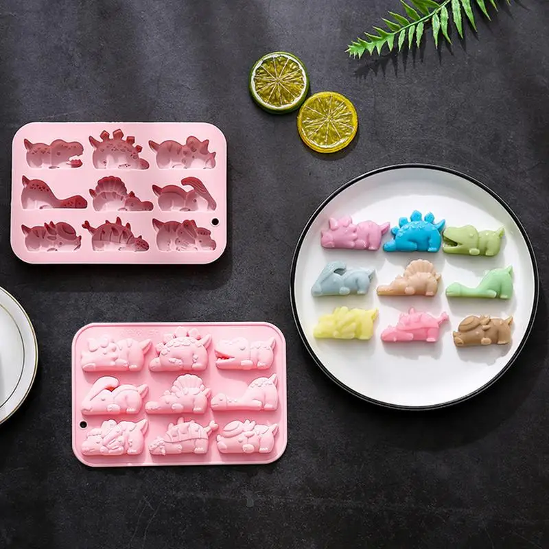 Molde de gelatina de dinosaurio, 9 cavidades, moldes de dinosaurios de silicona bonitos DIY, moldes de gelatina de Chocolate, decoración de pastel de dinosaurio