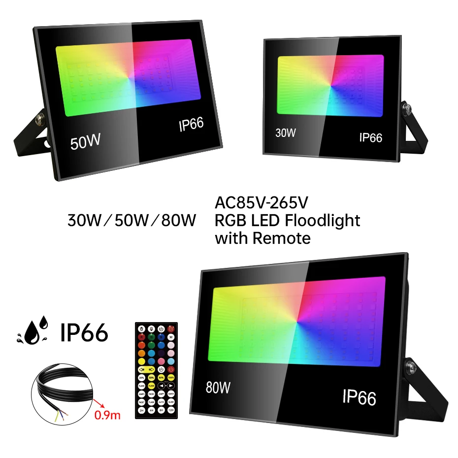 

Светодиодный прожектор RGB AC85-265V 30W/50W/80W, водонепроницаемый, для улицы и сада, RGB+WW 2700K, уличный фонарь с ИК-пультом