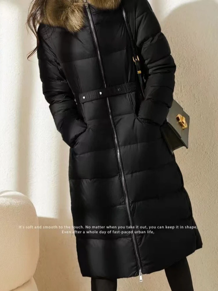 Luxury Brand High Quality Winter New Mid-length Down Coat for Women Warm Slim Down Jacket Hood Large Fur Collar Thickened A-line