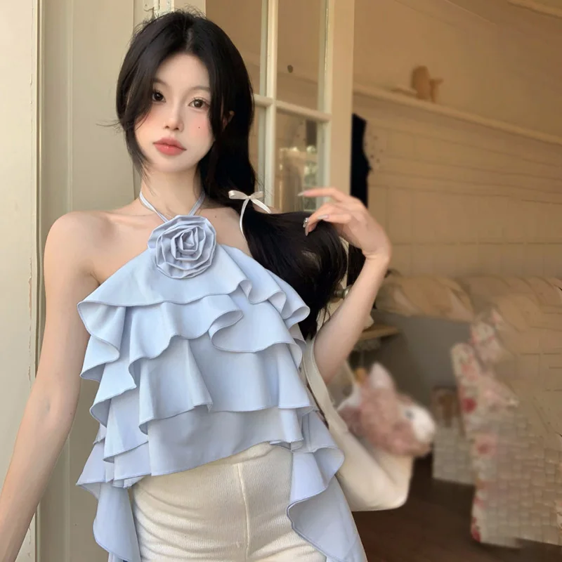 Women Chic 3D Flowers Camis Backless Design Stacked Ruffle Suspender Vest Sexy Crop Top Streetwear Aesthetic French